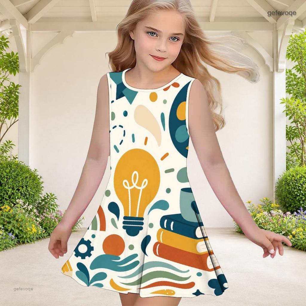 Girls Round Neck Sleeveless Printed A Line Flared Hem Dress