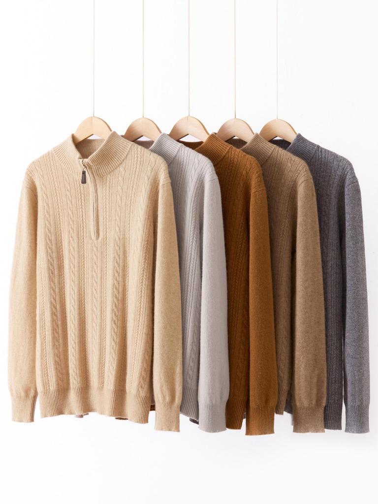 Men's Twisted Wool Sweater, Autumn/Winter, Half-High Neck, Half-Zip, Warm Knit Base Layer