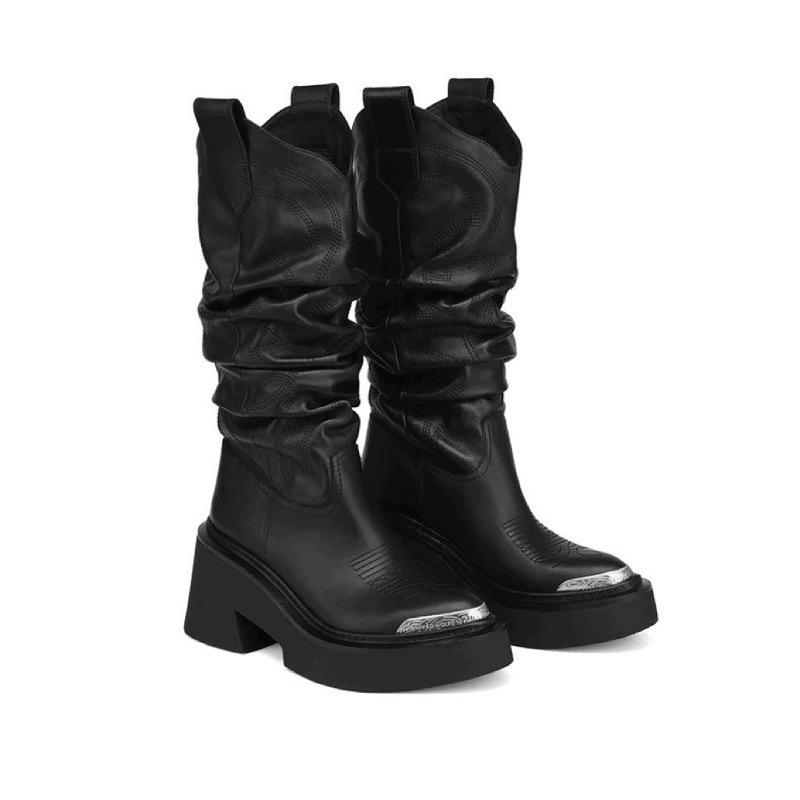 Cowhide Lisa same pointed boots pleated stacking boots women's metal medium tube Martin boots thick sole heightening knight boots