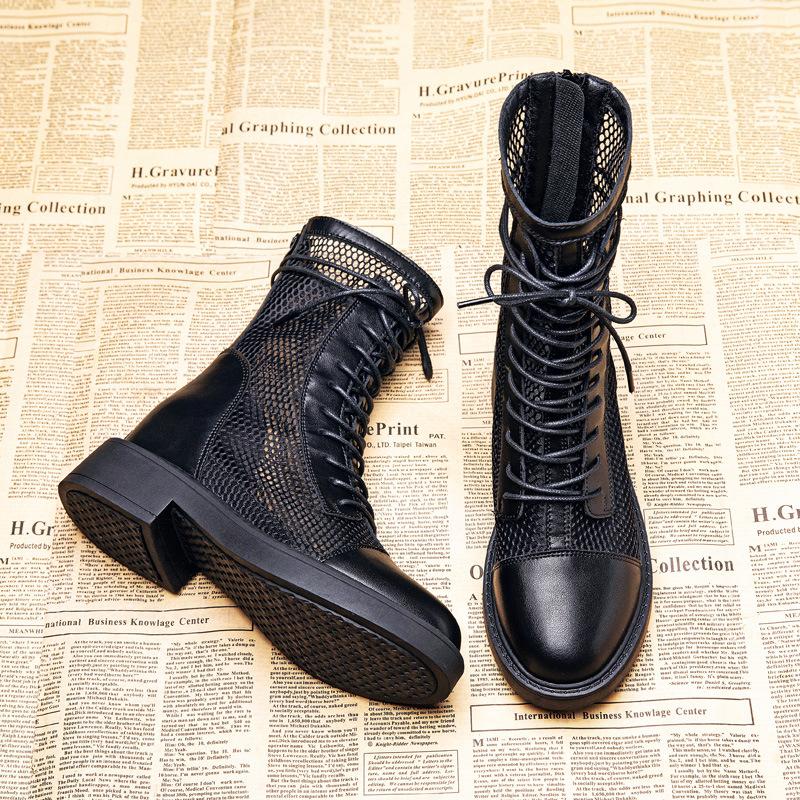 Inner heightening thin Martin boots women's small summer single boots British style hollow cool boots mesh short boots