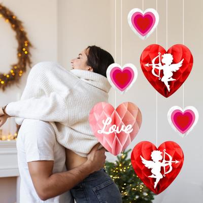 Yousheng 6Pcs Valentine's Day Heart Ornament Paper Honeycomb Hanging Decoration Romantic Red Pink Love Heart Centerpieces for Party Supplies
