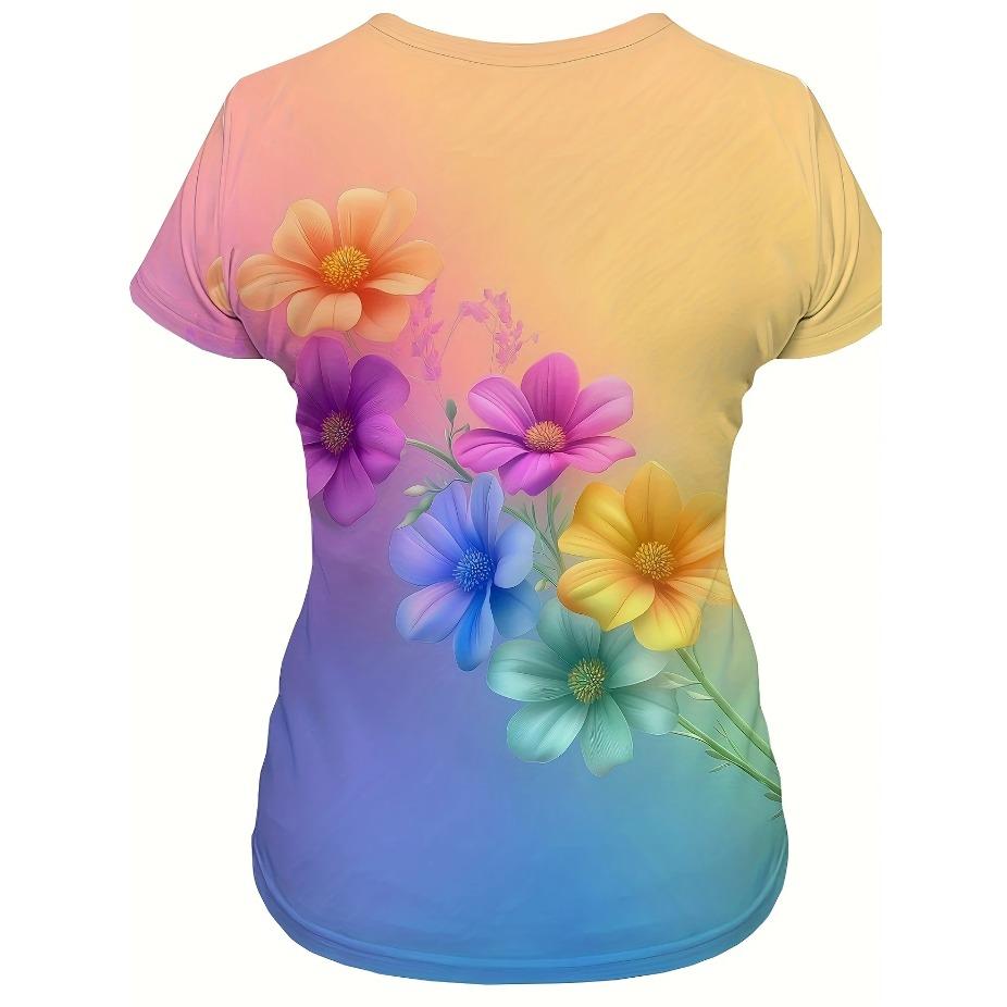 Plus-Size Women's Breathable Stretchy Short Sleeve Crew Neck T-Shirt - Vibrant 3D Floral & Butterfly Print, Summer Casual Daily Ladies T Shirts
