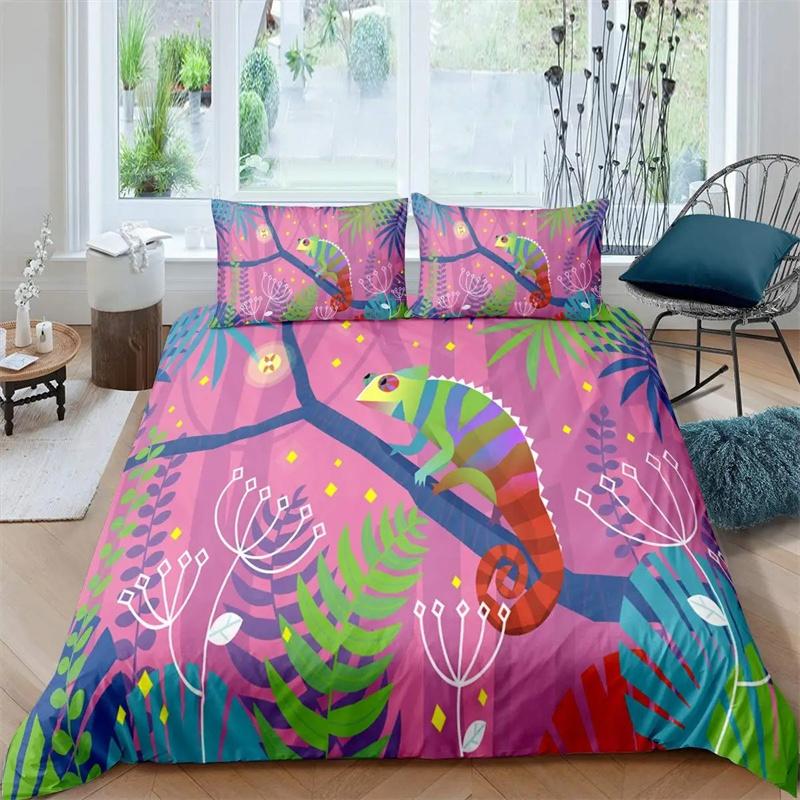 Lizard Duvet Cover Set Reptile Bedding Sets King Size for Boys Girls Toad Tropical Animal Purple Floral Exotic Comforter Cover