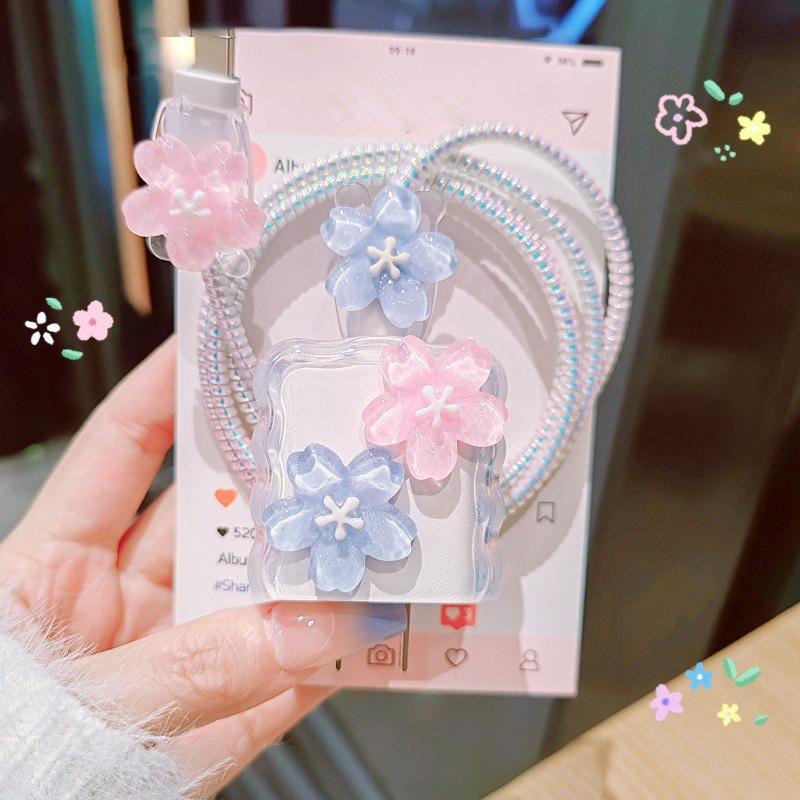 Flower Transparent Usb 20W Phone Charger Protective Case With Cable Winder Cover For Iphone Power Adapter Protector
