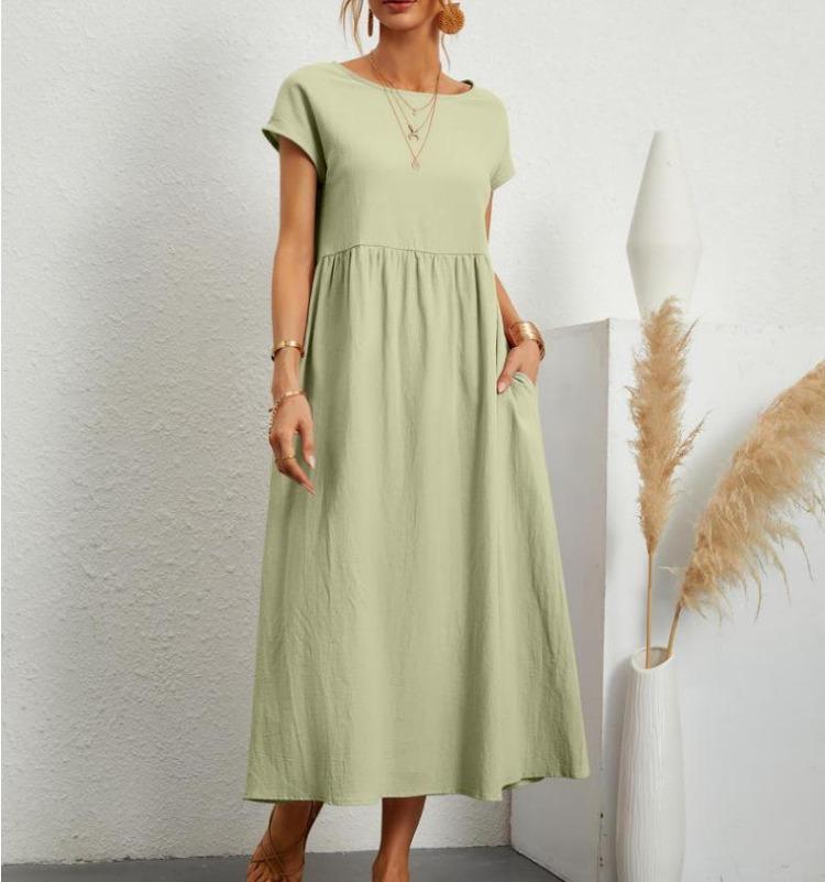 Summer Women Casual Loose Fit Sleeveless Cotton Linen Dress Solid Color Pocket