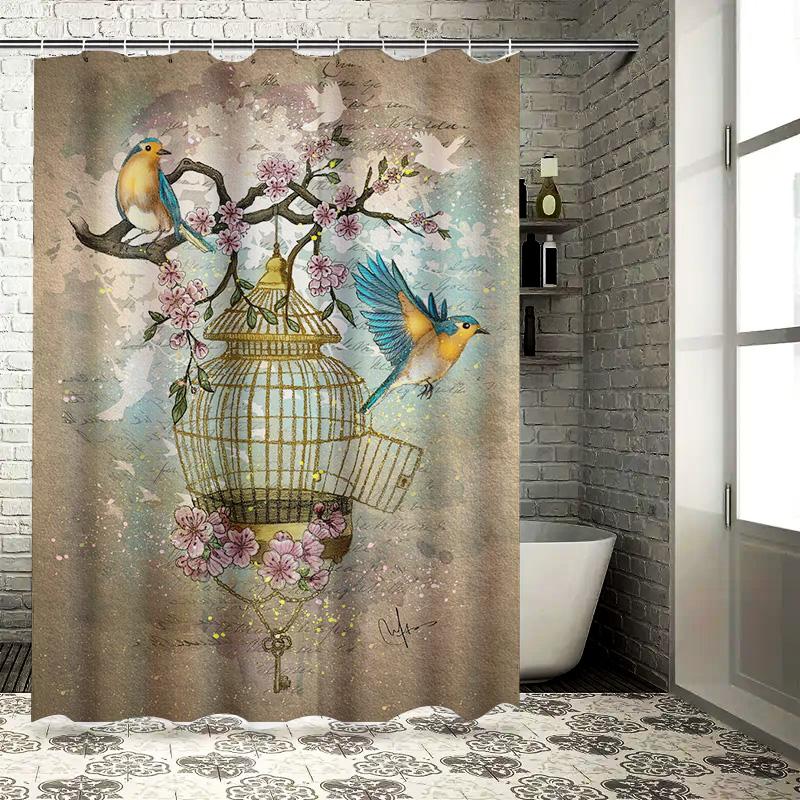Creative Watercolor Birds Shower Curtain With Soft Floral Print Decorative Bathroom Textile For Home Decoration In Various Sizes