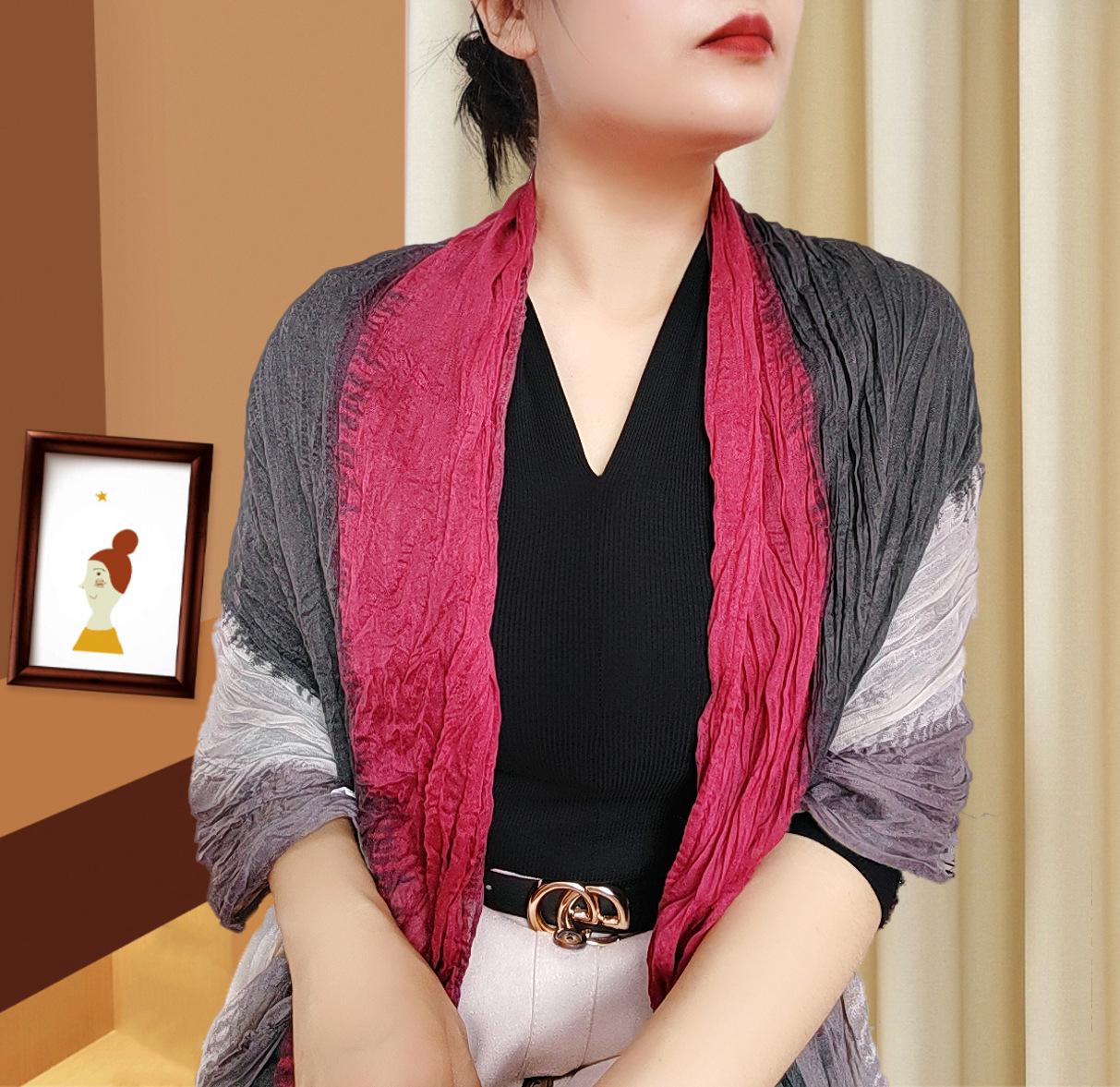 

Двухцветный жатый шелковый шарф-шаль: Женский универсальный летний и зимний модный аксессуар 175CM