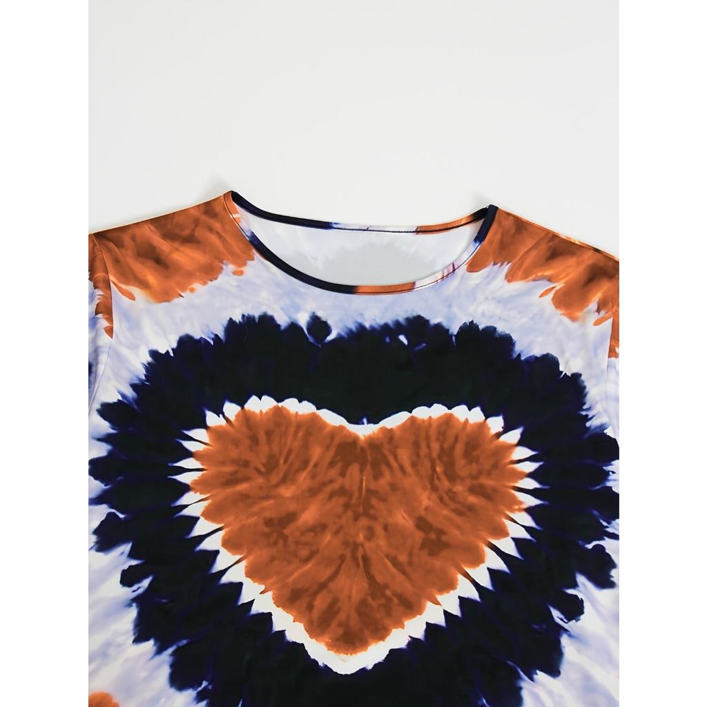 New Plus Size Women's Tie-dye Love Heart Print T-shirt, Casual Short Sleeve Top for Spring Summer