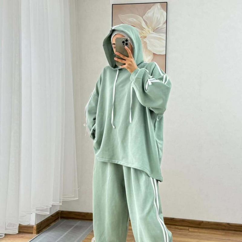 Women's Two Piece Outfit Hooded Sweatshirt Wide Leg Pants Set Casual Loose Tracksuit Muslim Modest Wear