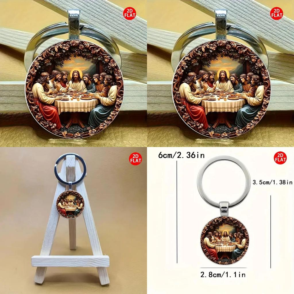 Jesus Last Supper Glass Pendant Keychain With Modern Minimalist Design For Religious Gift