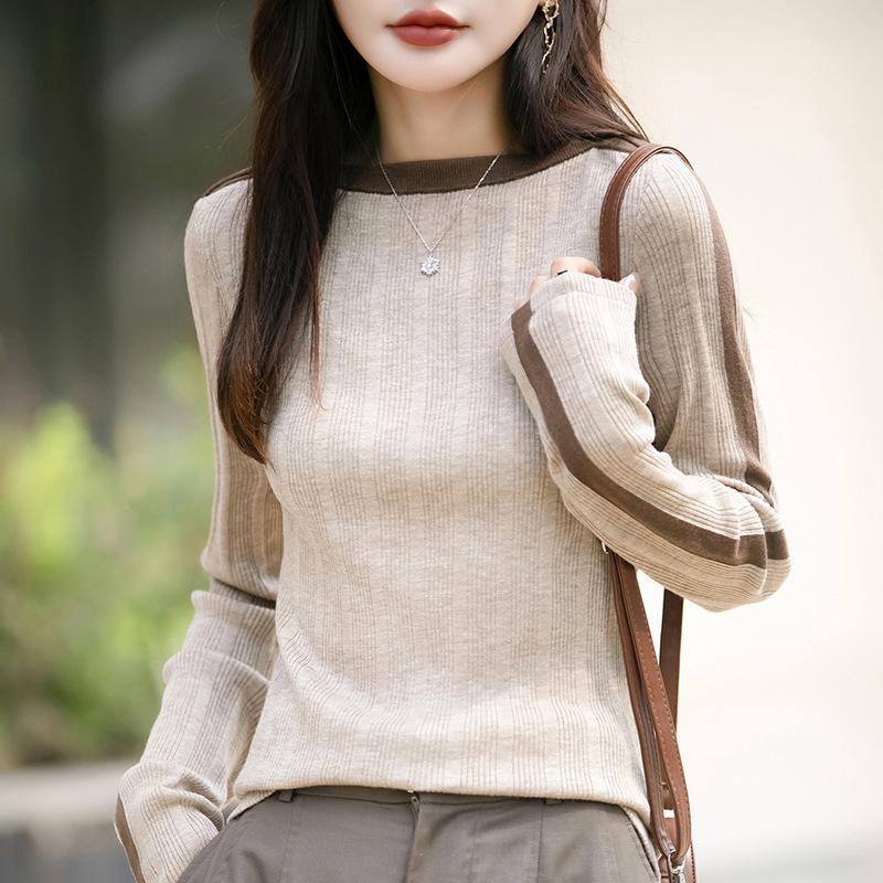 Women's Beige Ribbed Knit Top Contrast Collar Long Sleeve Fit Autumn Casual Fashion Comfortable Knit Sweater