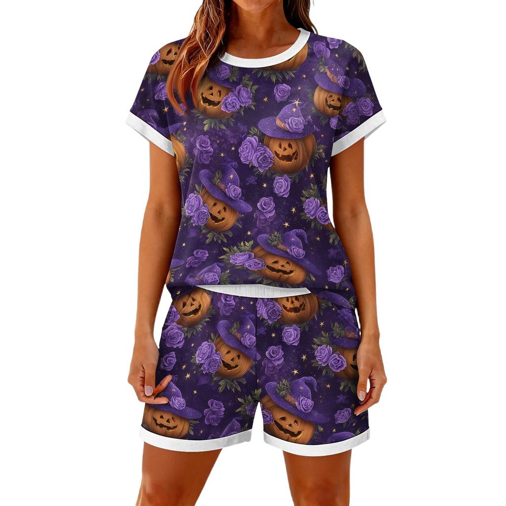 Women's Halloween Color-Block Print Casual 2-Piece Set - Holiday Themed Top and Pants for Women - Fun Cute Great for Parties