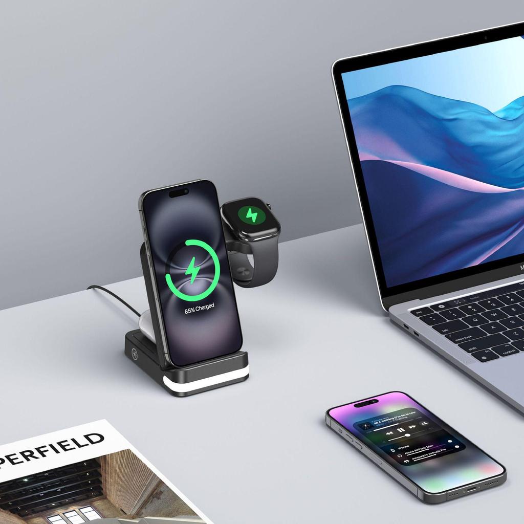 3-in-1 Foldable Wireless Charger for Huawei, Apple, Samsung Phones, Watches, and Earphones