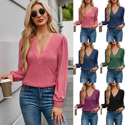 Blusa feminina de outono e inverno com várias camadas, decote em V, cor sólida, manga comprida