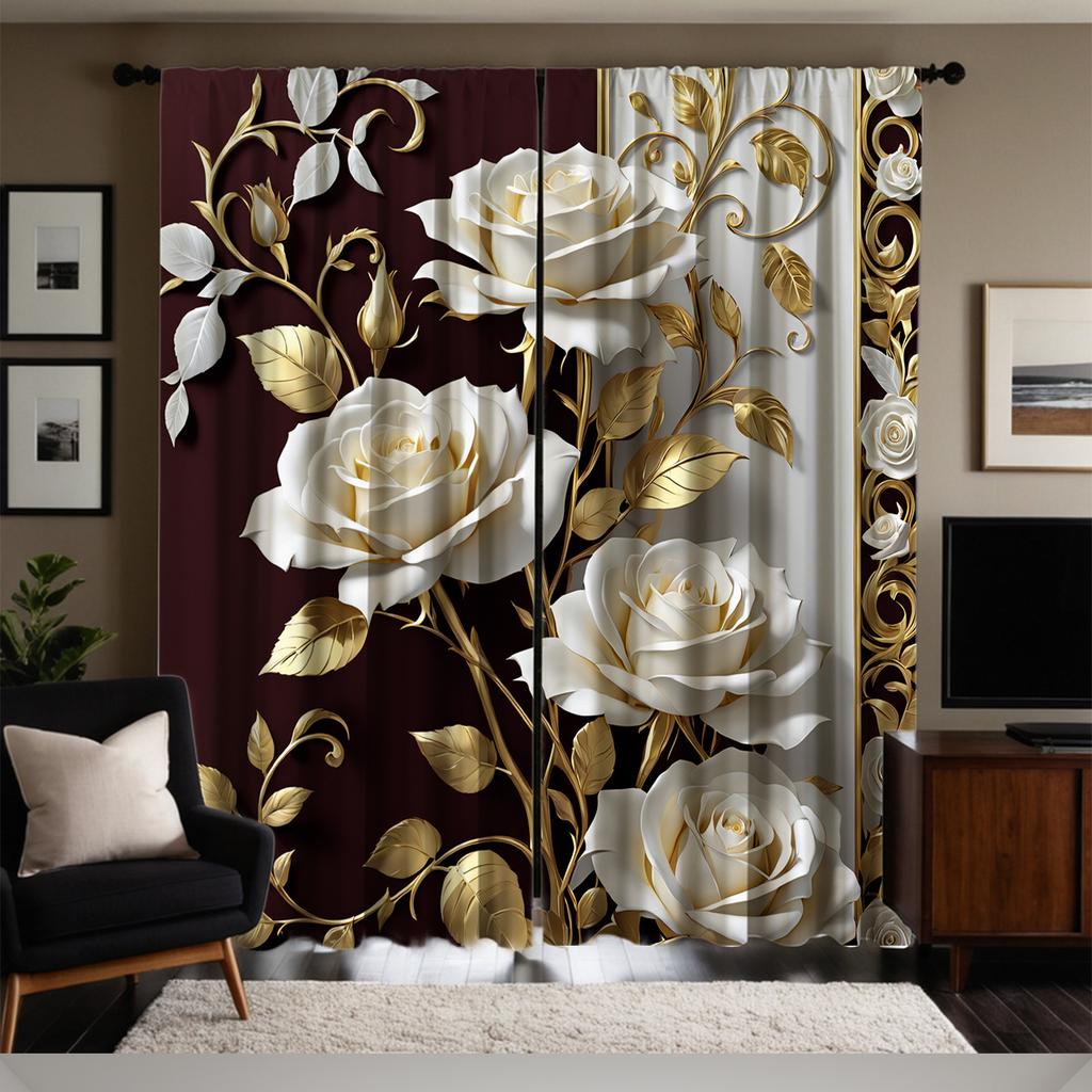 White Rose Gold Leaf Curtains Hd Print Pocket Rod Top Living Room Bedroom Study Polyester Decor Sheer Made Of Great Window Treatment