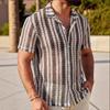 Mens Striped Sheer Mesh Short Sleeve Cuban Collar Shirt