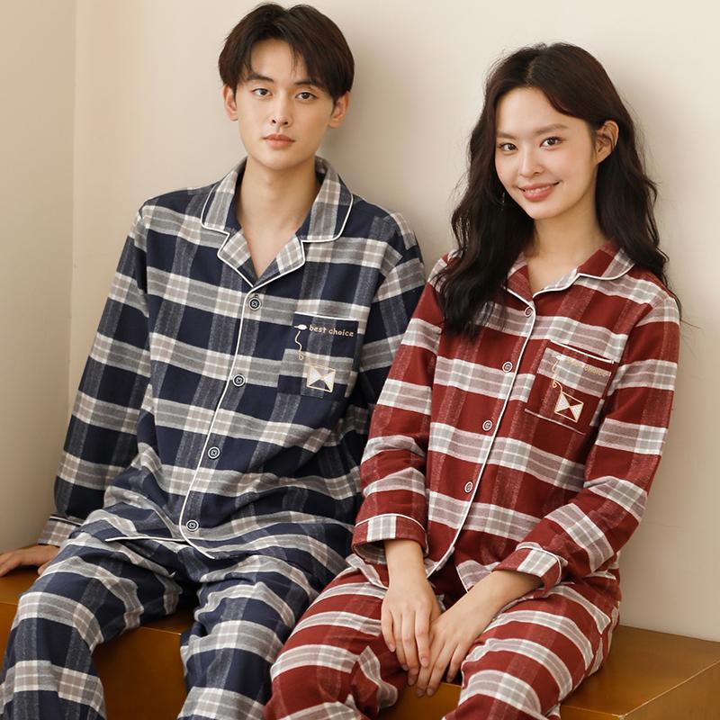 Pajama Couple Long-Sleeved Checkered Men's and Women's Autumn Casual Home Suit Set