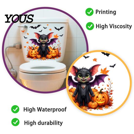Removable Toilet Decals Halloween Decals, Cute Cartoon Bat in Suit & Black Crow with Witch Hat, Waterproof Peel-off Stickers Seat Cover Decor