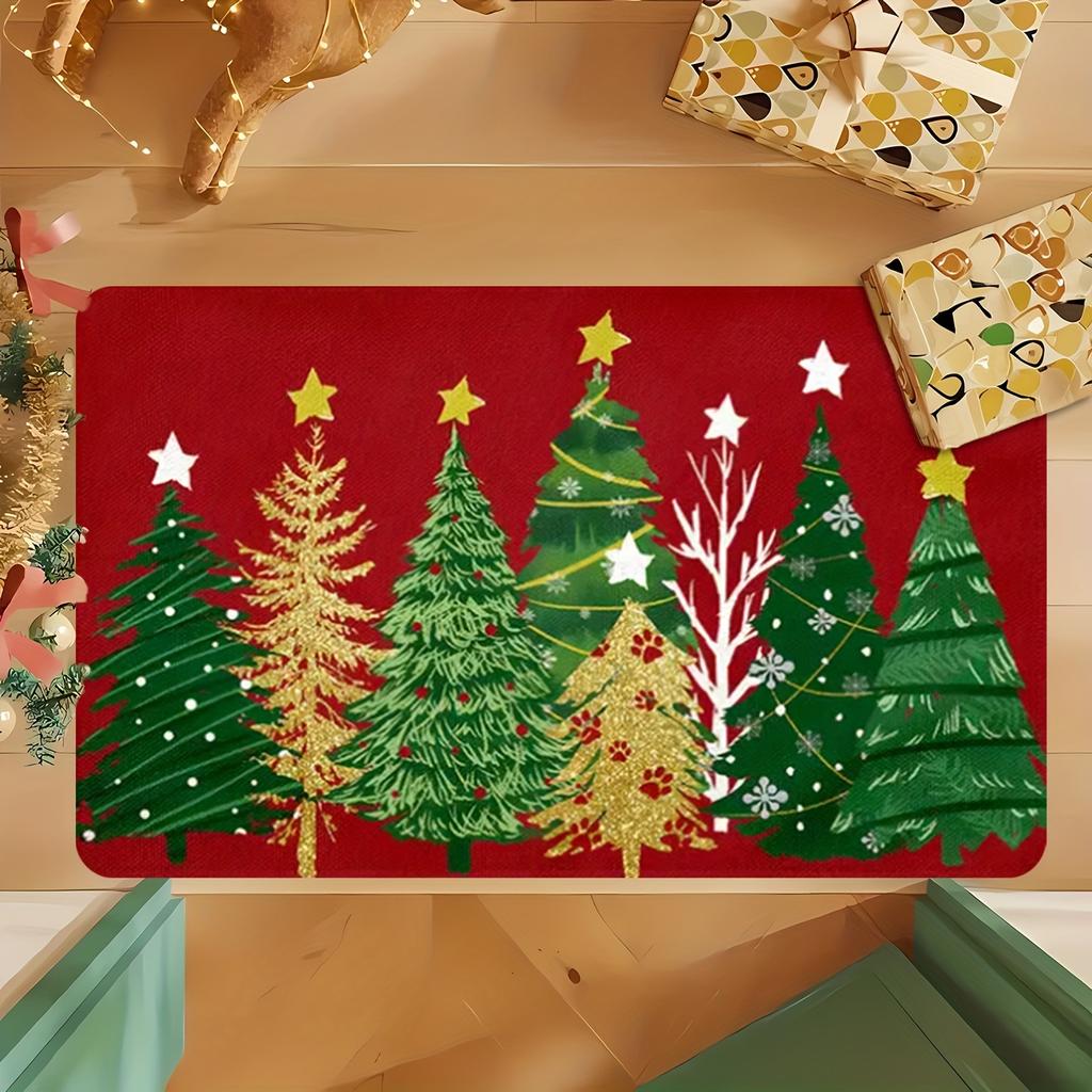 Christmas Tree Snow Scene Doormat,Red Gold Star Flannel Machine Washable Large Rug  Entryway Living Room Kitchen Holiday Decor