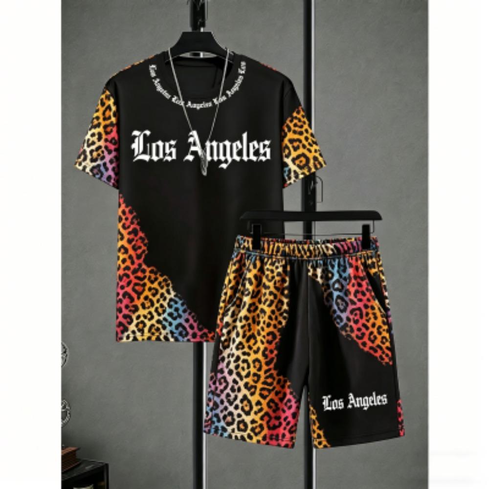 Men's Set Letter Leopard Colorful Printed Men's T-shirt and Shorts 2 Piece Set Summer Casual Outdoor Men's and Women's Outfit Clothing