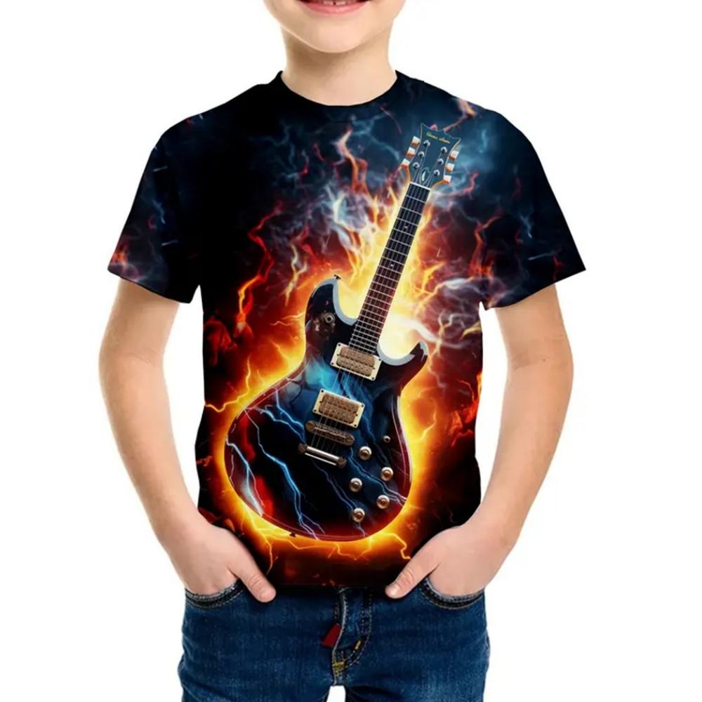 2025 Kids Clothes Cartoon Guitar Printed Short Sleeve T-Shirt Summer Outdoor Casual Crew Neck Tee Children's Clothing T-Shirts