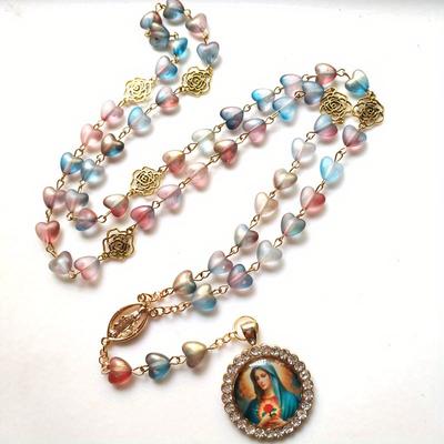Catholic Rosary Mary Blessing Rosary Prayer Necklace with Pendant Amulet Virgin Mary for Cross Pendant Rosary Wall Mounted Necklace