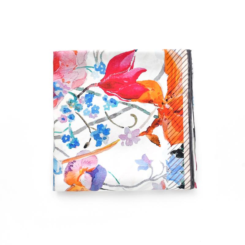 

White real silk twill scarf printed flowers head scarves women natural silk square hijab shawl lady spring summer