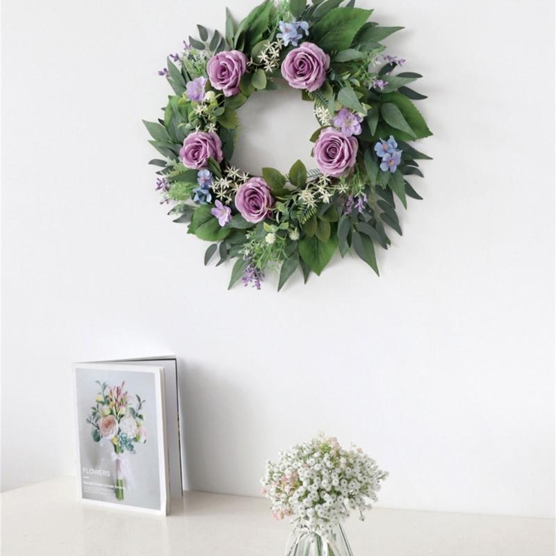 Artificial Flower with Leaf Realistic Purpler Rose Wreath Decoration for Door Window Hallway Farmhouses Wedding Wreath