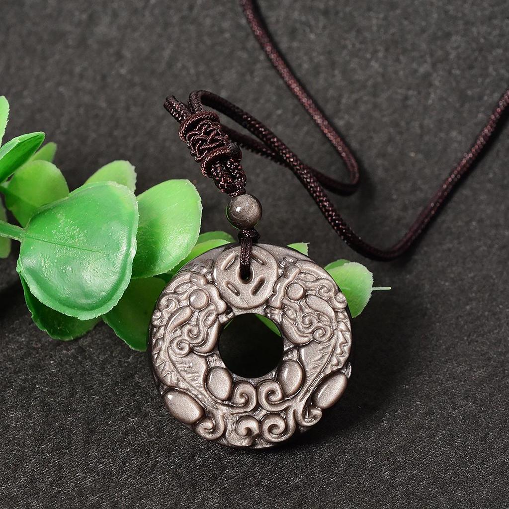 Natural Black Obsidian Pixiu Safety Buckle Pendant Necklace for Men and Women