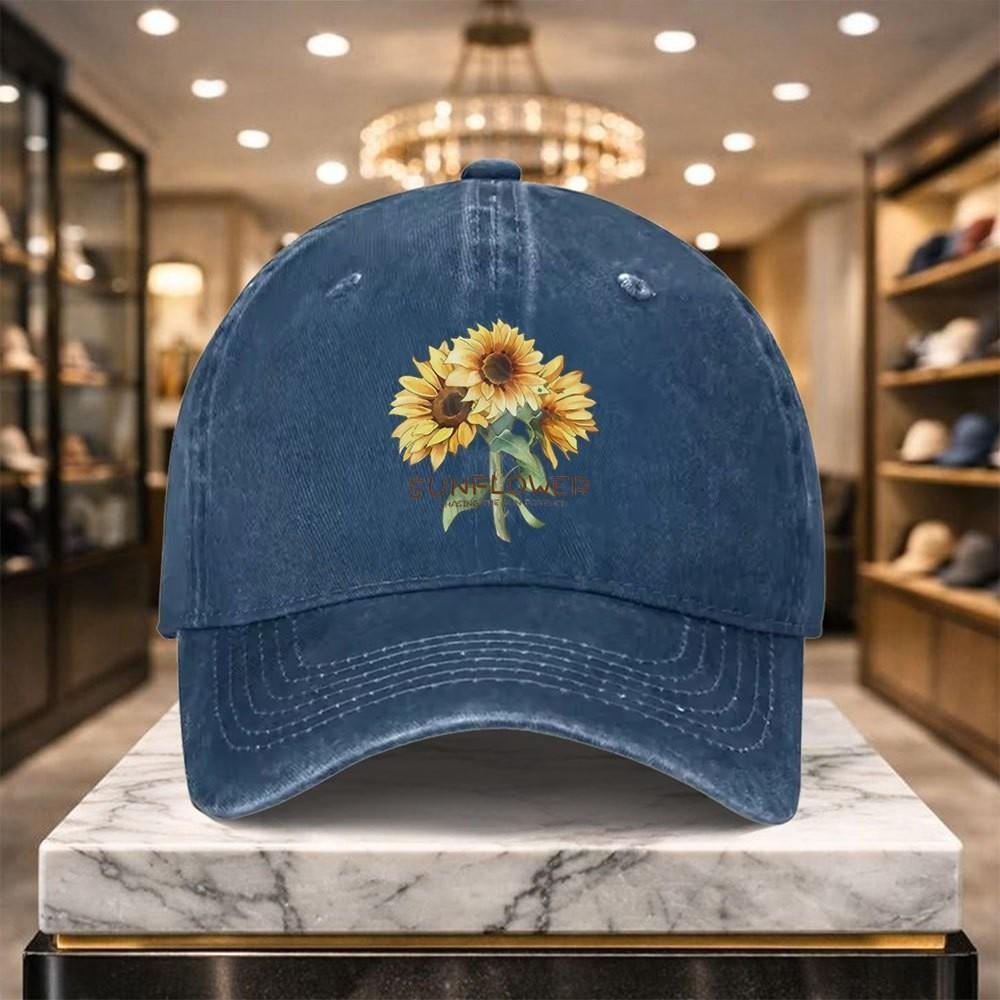 Sunflower Baseball Cap Washed Denim Adjustable Distressed Outdoor Sun Hat Unisex Street Style One Size