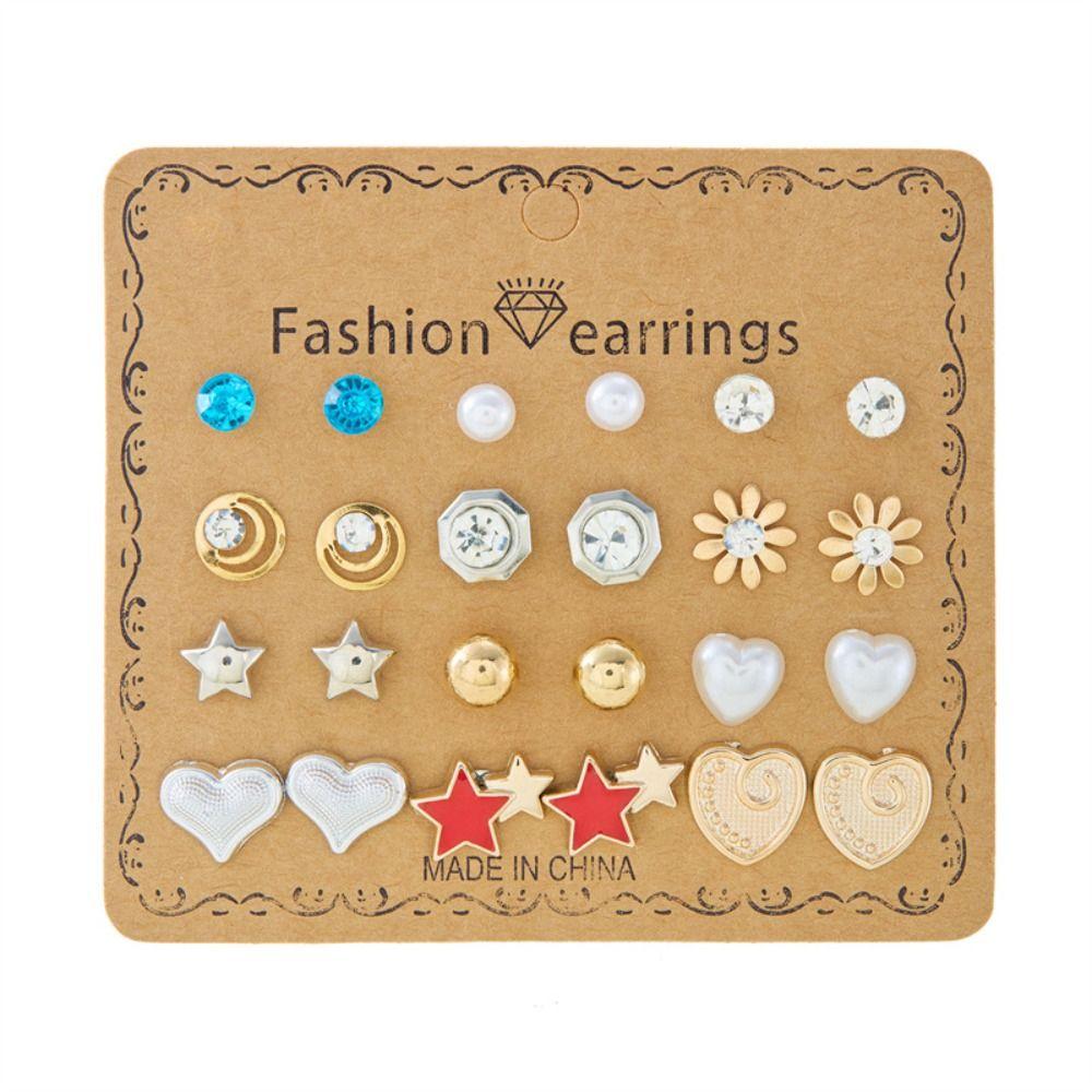 12 Pairs Colorful Combination Stud Earrings Mini Earring Set Metal Crystal Bead Ear Studs  Women