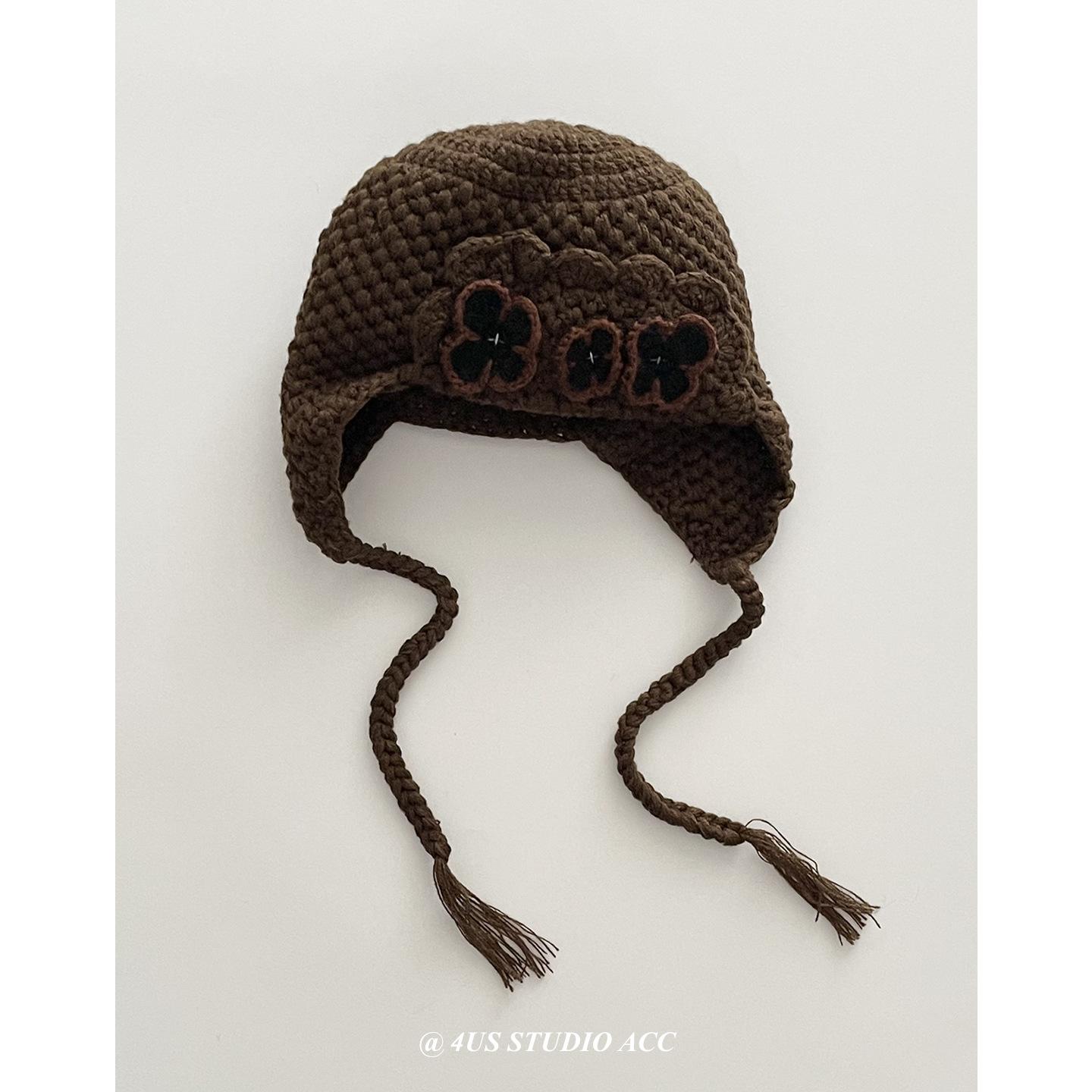 

Autumn and Winter Hand-knitted Flower Cuffed Woolen Hat for Women Warm Ear Protection Knitted Flight Hat M（56-59cm）
