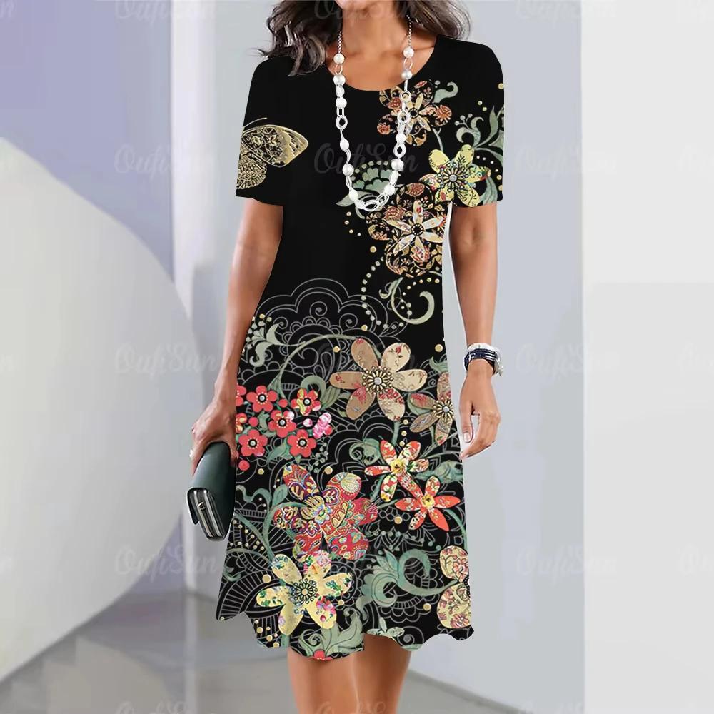 

Women s Casual Short Sleeve Butterfly Flower Print Dress Vibrant Purple Pink Floral Butterfly Design Woman Loose A-Line Dresses L