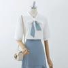 Bow Tie Blouse Women Summer Thin French Blouse Women Loose Belly Short-sleeved Chiffon Shirt Solid Shirt