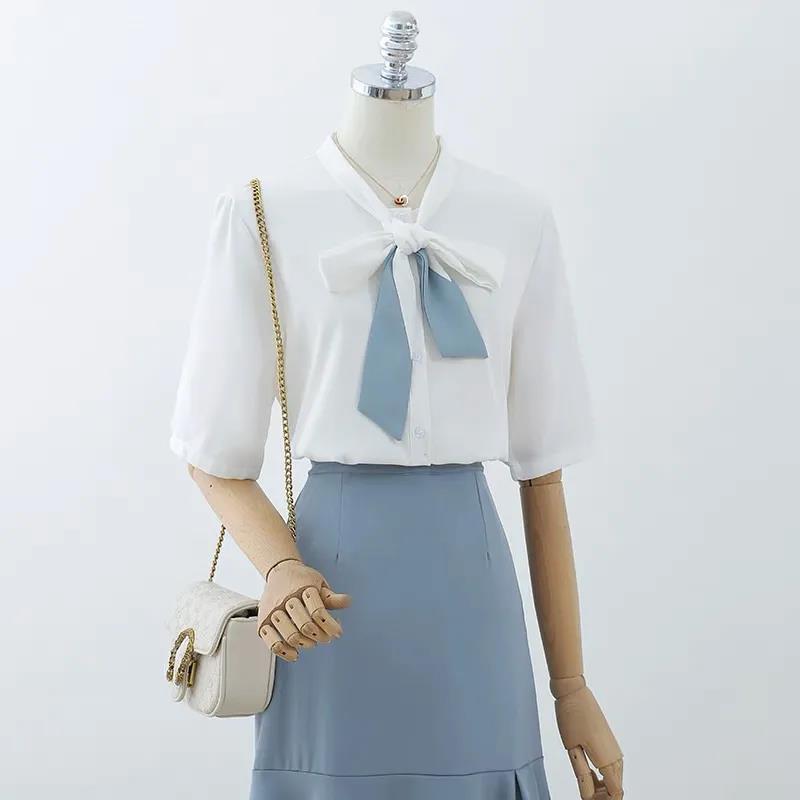 Bow Tie Blouse Women Summer Thin French Blouse Women Loose Belly Short-sleeved Chiffon Shirt Solid Shirt
