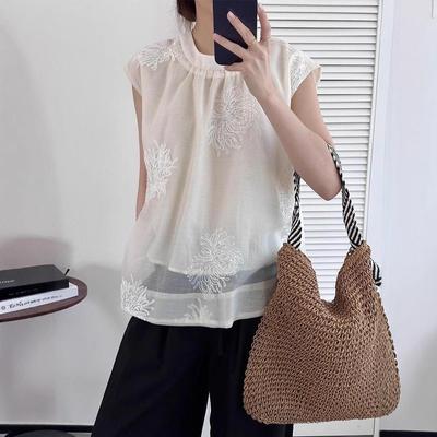 Crew Neck Sleeveless Embroidered Shirt Women's Summer Elegant and Thin Top Temperament Versatile Large Size