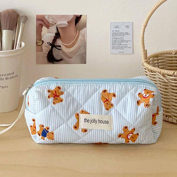 Quilted Bear Bow Makeup Bag Floral Cosmetic Bag 2025 Cute Travel Toiletry Bag Organizer Cotton Makeup Brushes Storage Case