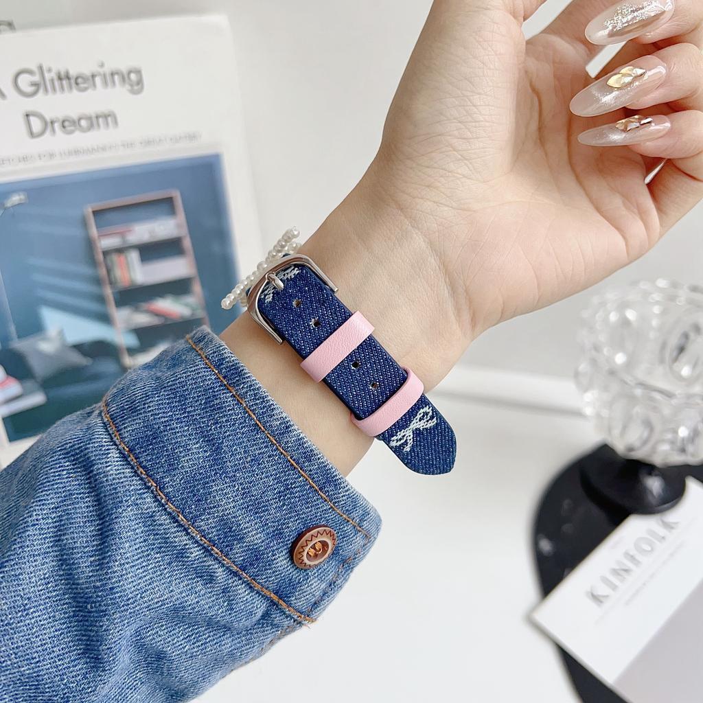 Wrist Strap for Apple Watch Series 10 Ultra 9 8 7 SE 6 5 4 3 2 1 46mm 49mm 45mm 44mm 42mm Pearl Bowknot Denim Leather Watch Band