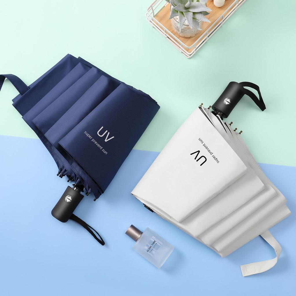 UV Protection Automatic Three-Fold Black Umbrella with Custom Logo for Men and Women