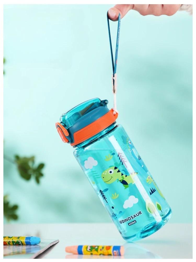 600ml Children's Plastic Water Cup BAP Free Kids Drinking Cup Cute Cartoon Straw Cup Leak-proof Plastic Water Bottles