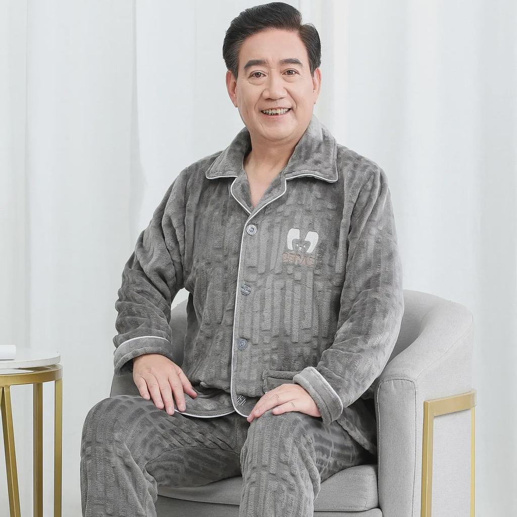 2024 Men's Autumn/Winter Plus Velvet Thickened Long Sleeve Warm Coral Fleece Flannel Pajama Set