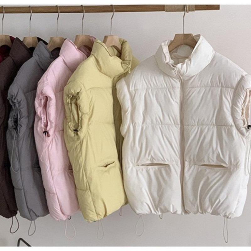 New Women's Clothing Solid Color Zipper Pocket Cotton Clothes Vest Fashion Stand-up Collar Temperament Commuter Jacket