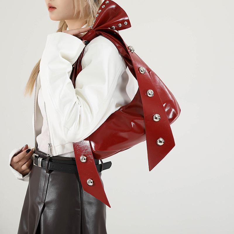 Rivets Bow Y2K Hobos Handbag and Purses for Women Trendy Shoulder Bag with Removable Bow Ladies PU Leather Armpit Bag AVE