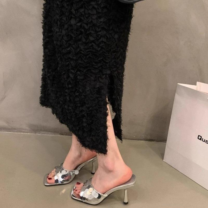 Fashion 2025 Summer Hot Selling Women's Square Toe High Heels Fashionable and Elegant Outdoor Versatile Silver Women Slippers