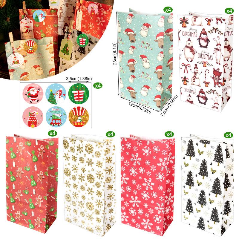 Christmas Gift Bags with Stickers - 24 Sets Advent Calendar Candy Paper Bags