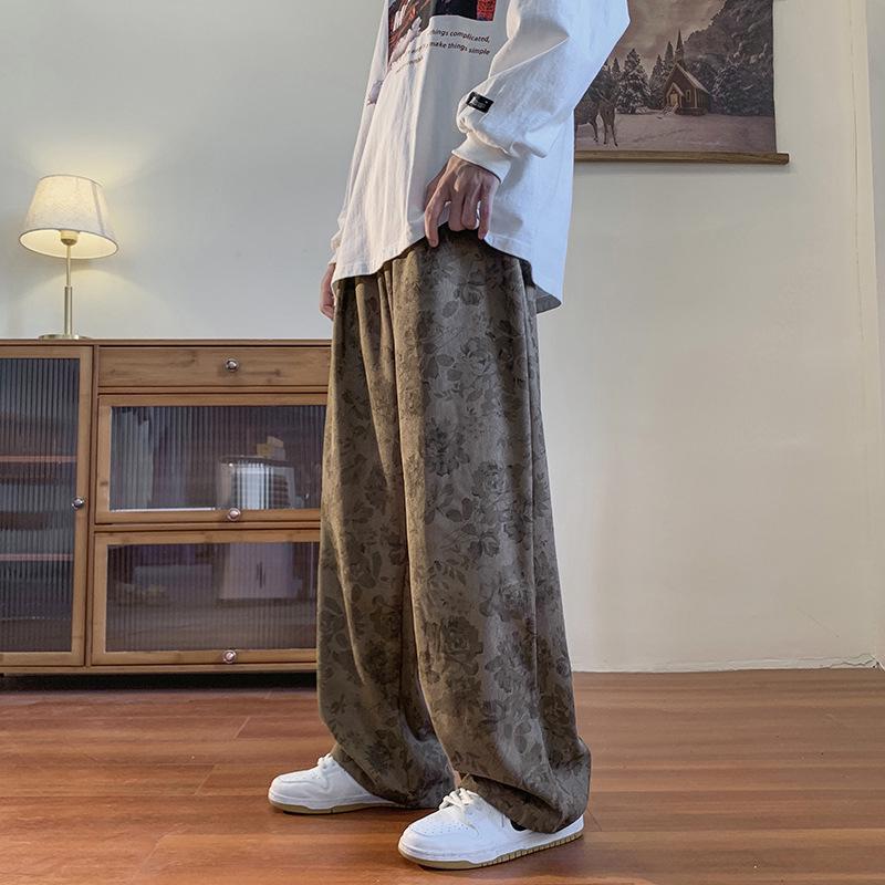 

«Винтажный коричневый жаккардовый комбинезон с широкими штанинами — свободные повседневные весенние брюки» M хаки