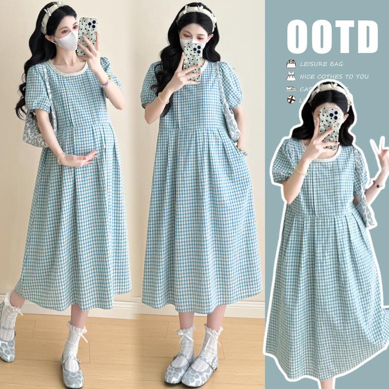 Trendy Maternity Plaid Dress - Loose, Sweet & Slimming Summer Skirt L