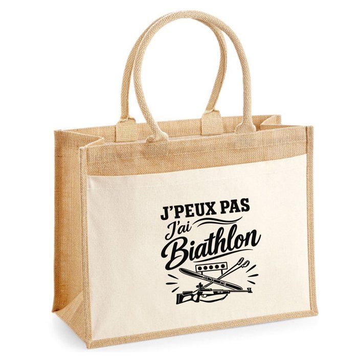 Sac Cabas Jute avec Poche J’peux pas j’ai Biathlon J'peux pas minimaliste | Toile de Jute et Coton 21 L Fond Plat Anses 65 cm