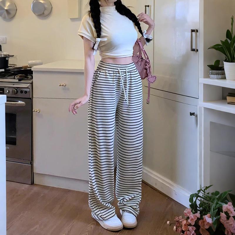 Black and White Striped Drawstring Drape Casual Pants Women's Spring Mopping Straight Trousers Loose High Waist Wide Leg Trousers