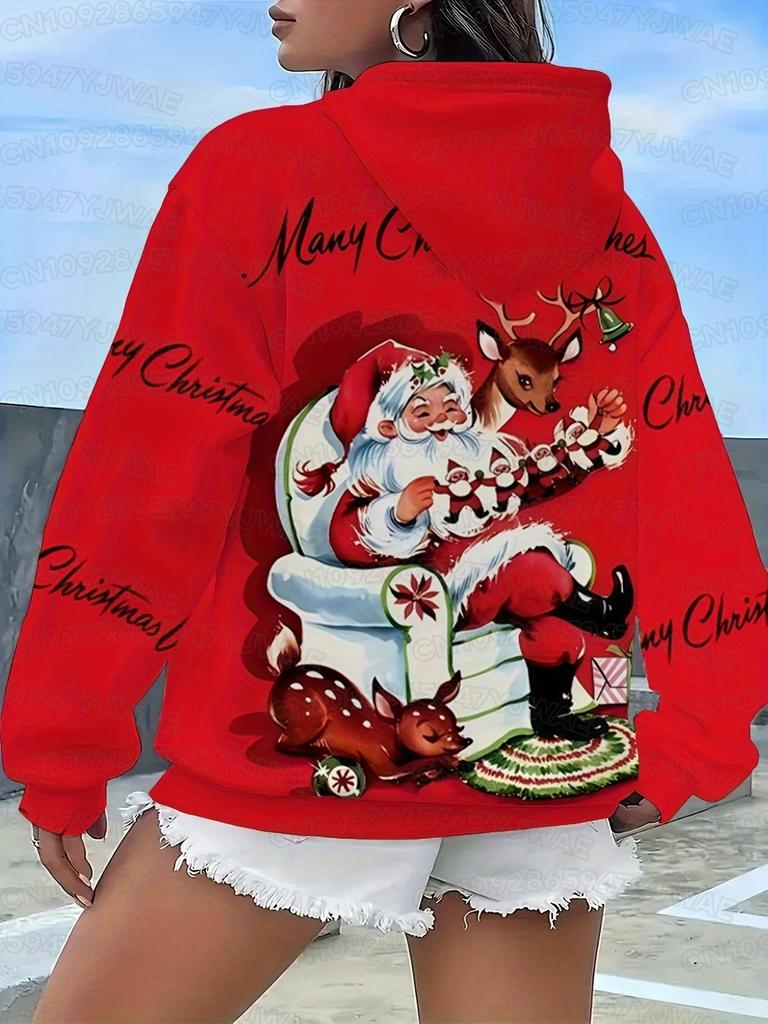 Autumn and Winter Women's Plus Size Christmas Santa Claus Print Hooded Sweatshirt Cozy Pullover Sweatshirt Holiday Outfits